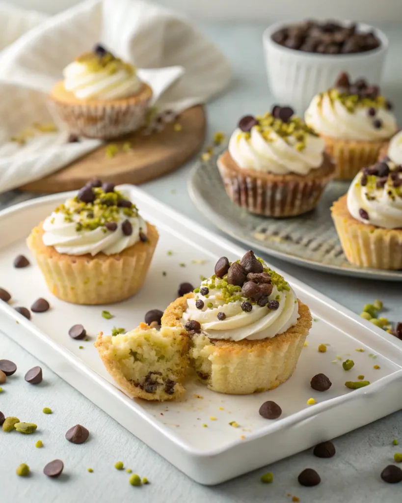 Cannoli Cake Recipe 4 Mini cannoli cupcakes with piped cream and toppings