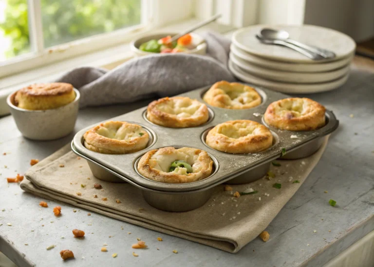 Homemade mini chicken pot pies in muffin tin with golden crusts