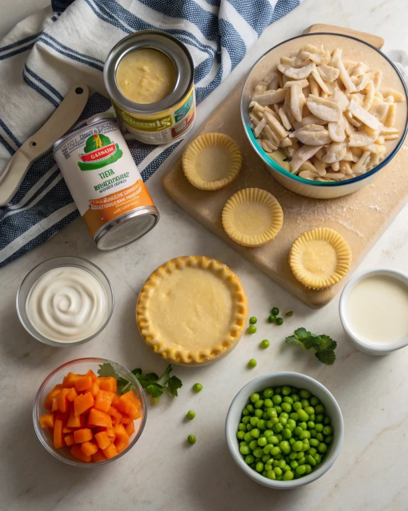 Ingredients for mini chicken pot pies on counter