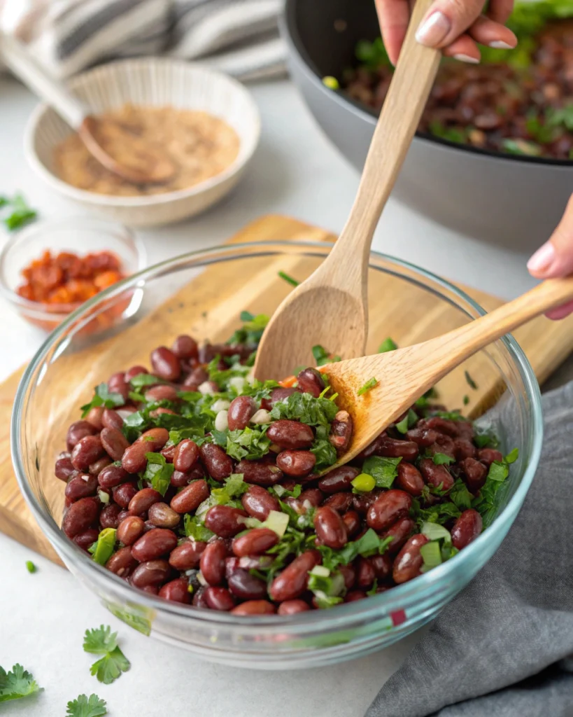 Tossing dense bean salad in a bowl with vinaigrette and herbs