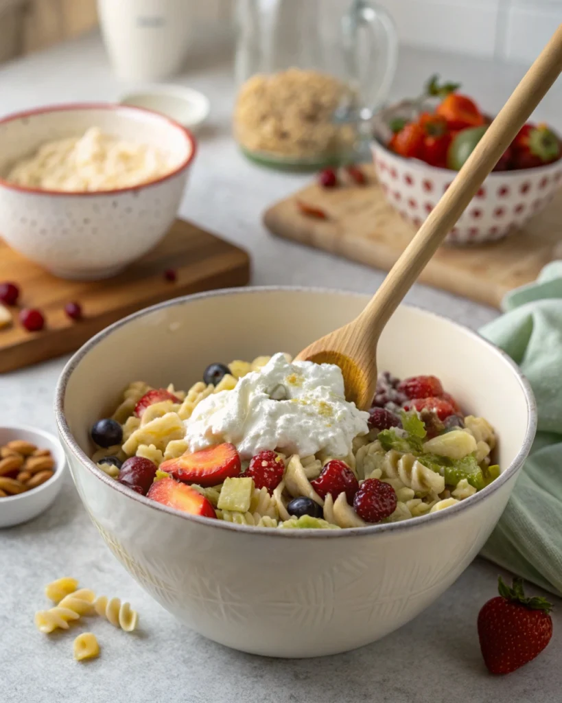 Mixing frog eye salad ingredients in a large bowl with a spoon