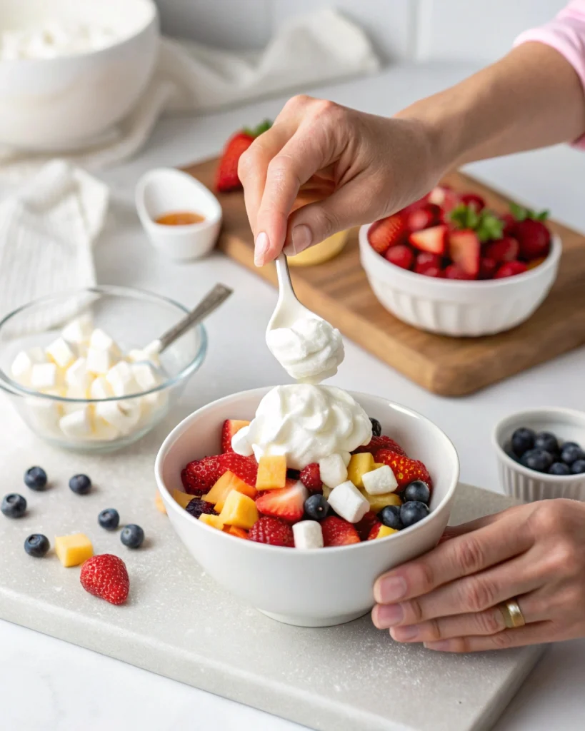Folding Cool Whip into a bowl of mixed fruit and mini marshmallows