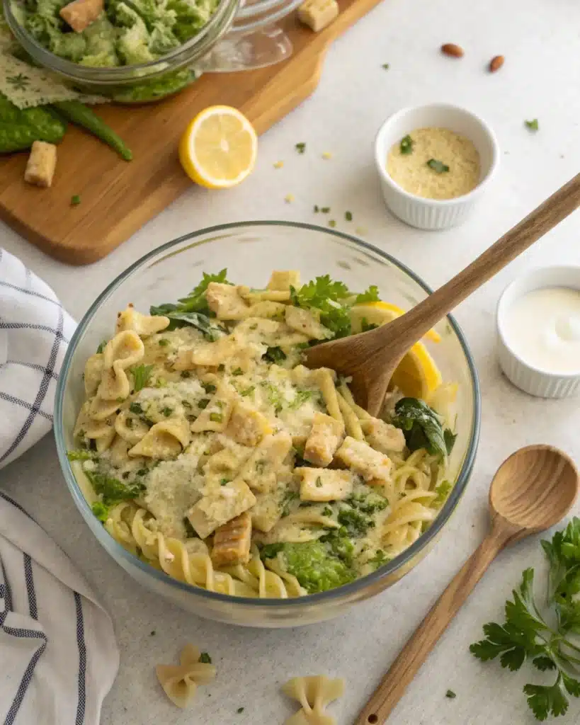 Pasta mixed with Caesar dressing in a glass bowl