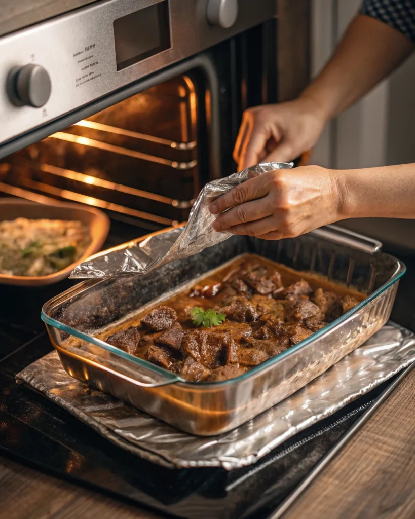 Covering no peek beef tips dish with foil before baking