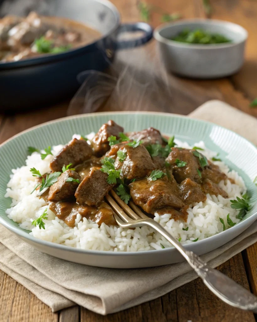 No peek beef tips recipe served over rice with parsley garnish