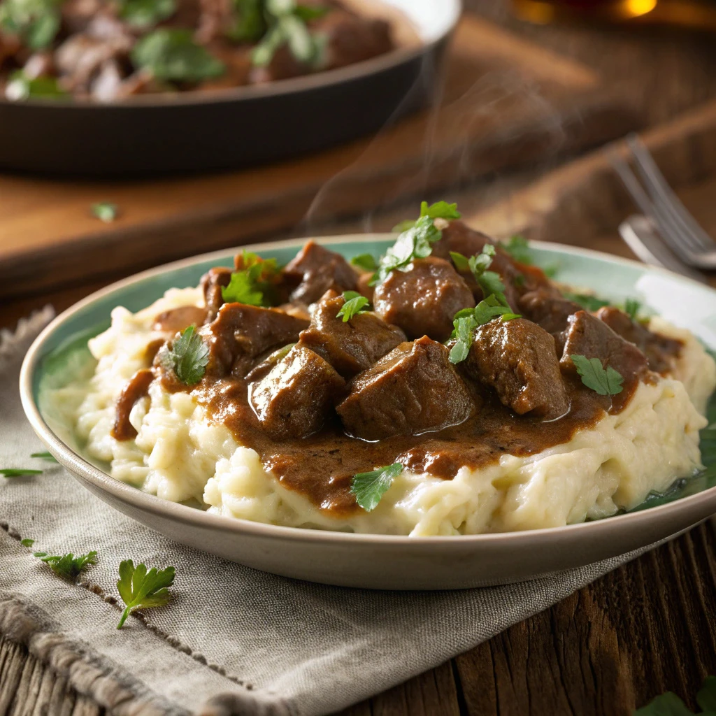 Tender no peek beef tips recipe served over mashed potatoes