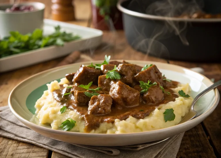 Tender no peek beef tips recipe served over mashed potatoes