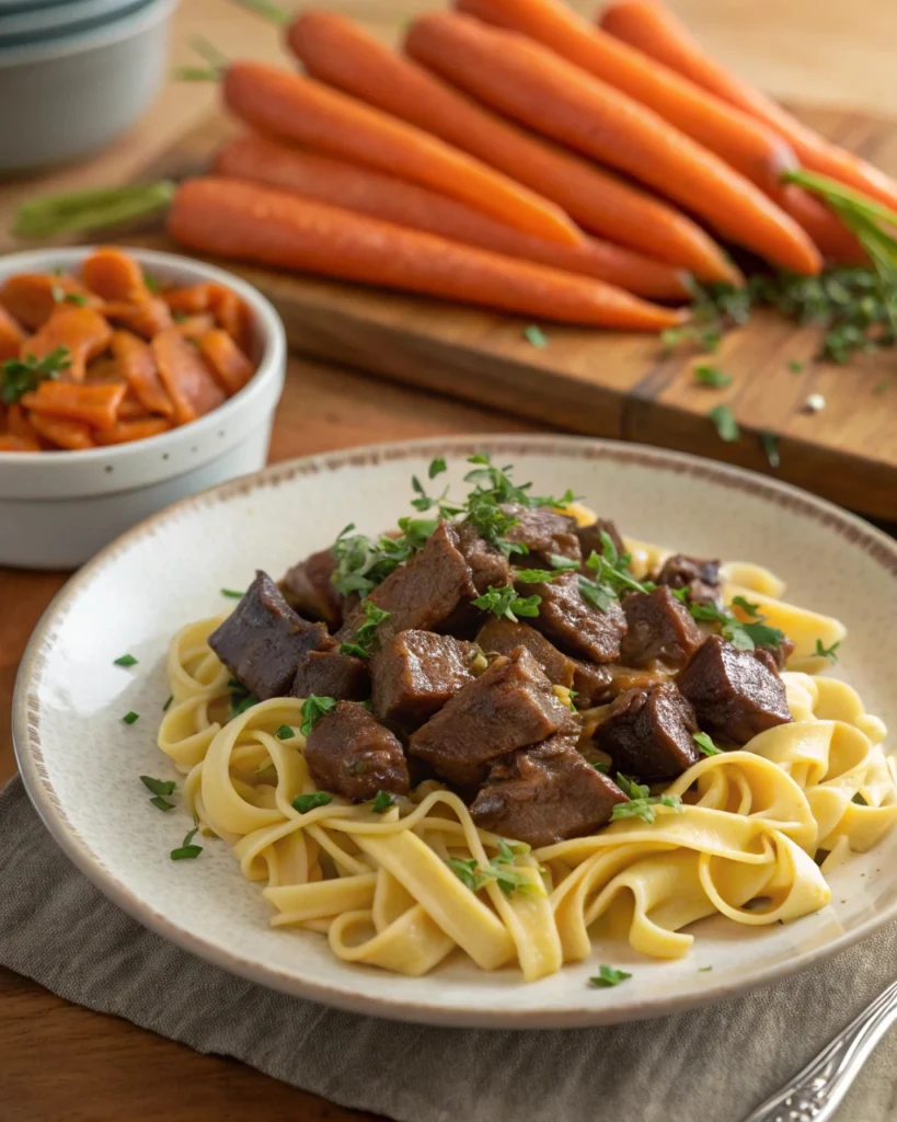 No peek beef tips recipe with noodles and vegetables