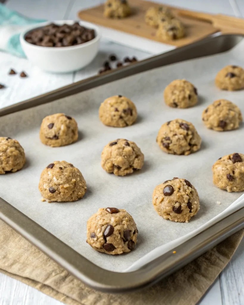 3 Ingredient Oatmeal Cookies 3 scoops of 3 ingredient oatmeal cookie dough on parchment before baking