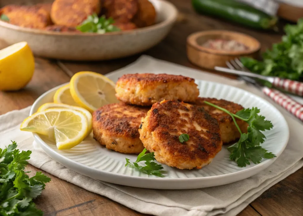 Old fashioned salmon patties recipe plated with lemon wedges