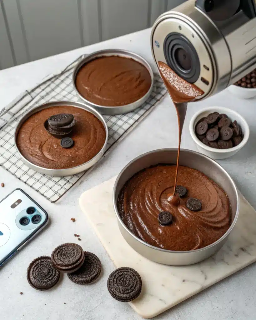 Oreo cake batter poured into baking pans