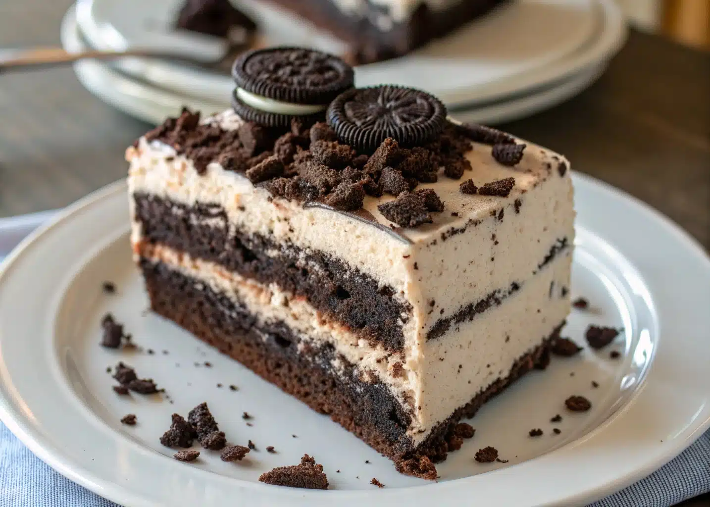 Moist Oreo cake slice A close-up of a homemade Oreo cake slice showing layers of chocolate sponge and Oreo frostingwith creamy frosting
