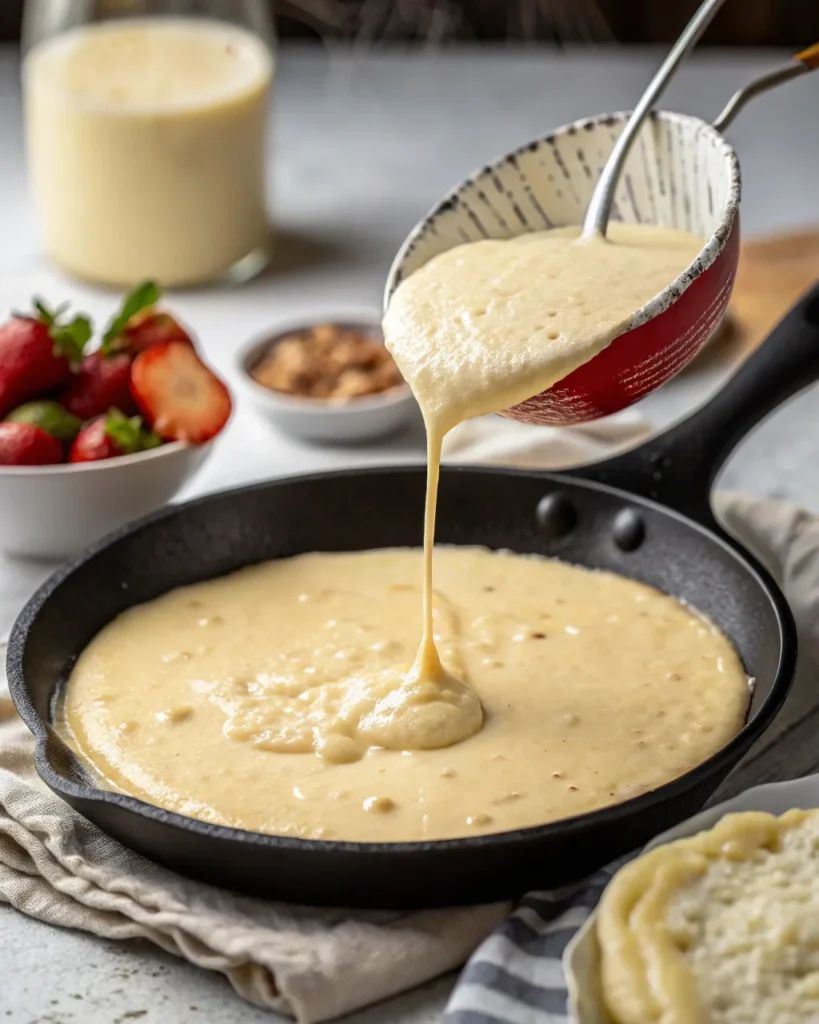 Cottage cheese pancake batter on skillet