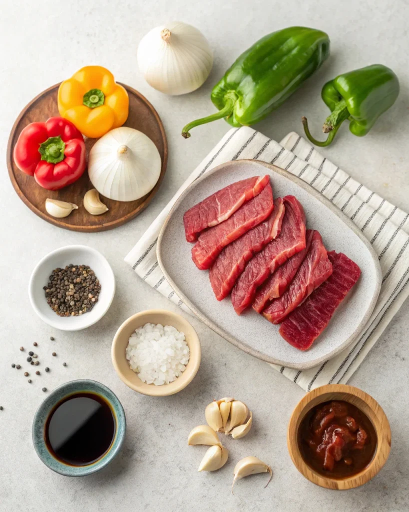Pepper steak recipe ingredients arranged on light surface