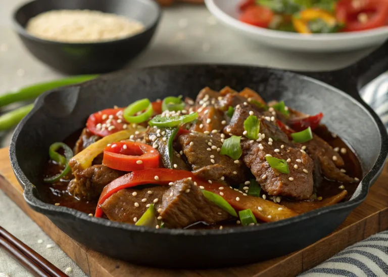Pepper steak recipe served in a skillet with glossy sauce