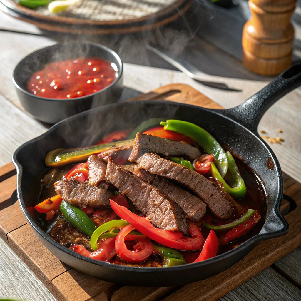 Pepper steak recipe served in skillet with beef and bell peppers in glossy sauce