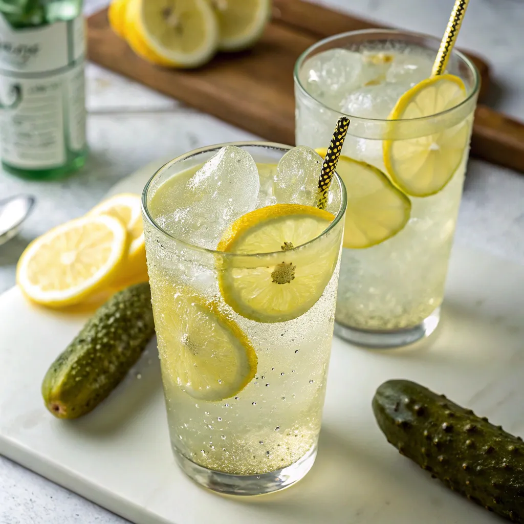 Homemade pickle lemonade in glasses with lemon and pickle garnish