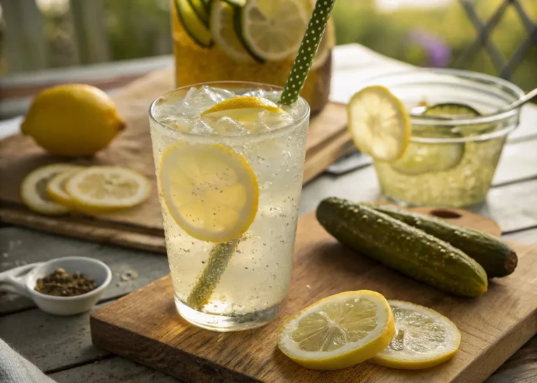 refreshing pickle lemonade with lemon and pickle garnish