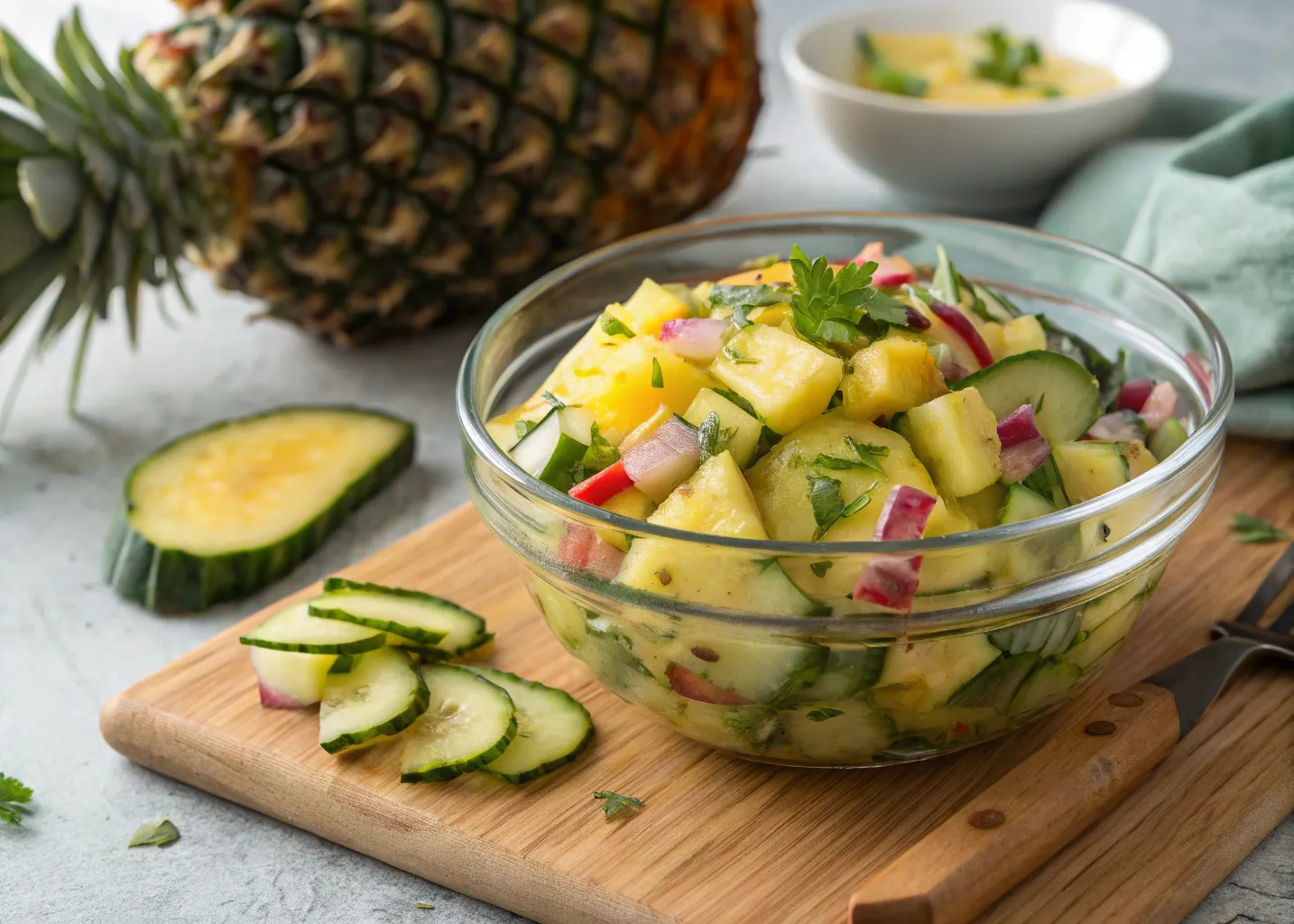 pineapple cucumber salad in a glass bowl with tropical freshness