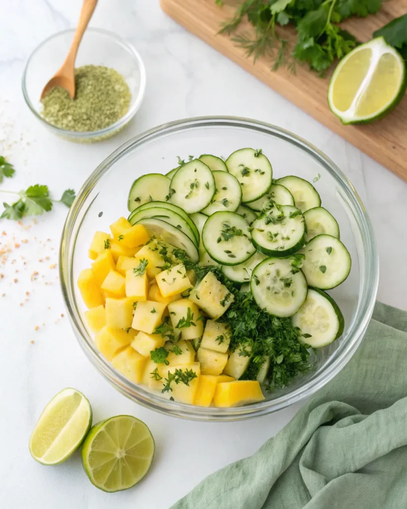 Pineapple cucumber salad 3 pineapple cucumber salad ingredients in a glass bowl