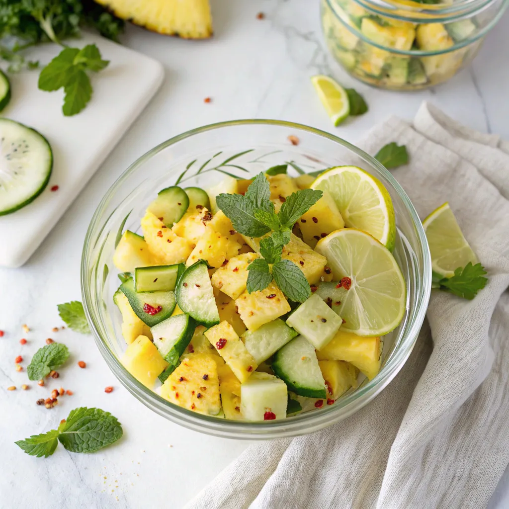 Pineapple cucumber salad 5 pineapple cucumber salad in a glass bowl with mint and lime
