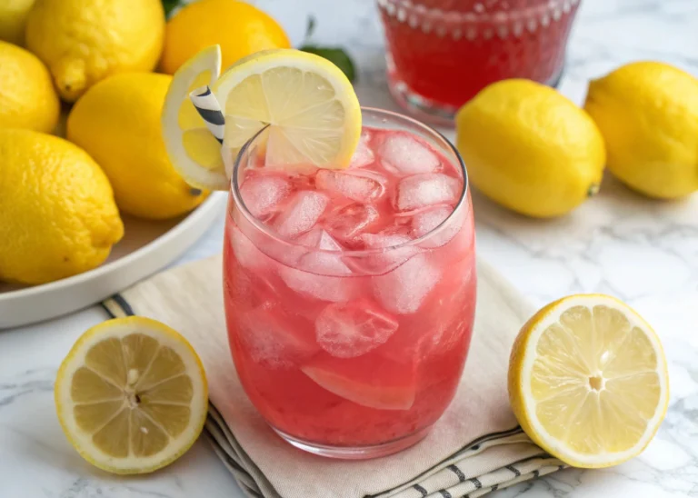 Pink lemonade with lemon slices in a chilled curved glass