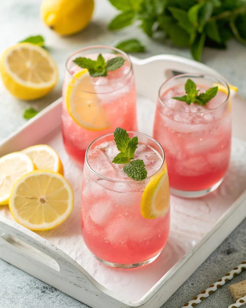 Pink lemonade in curved glasses with ice and lemon garnish
