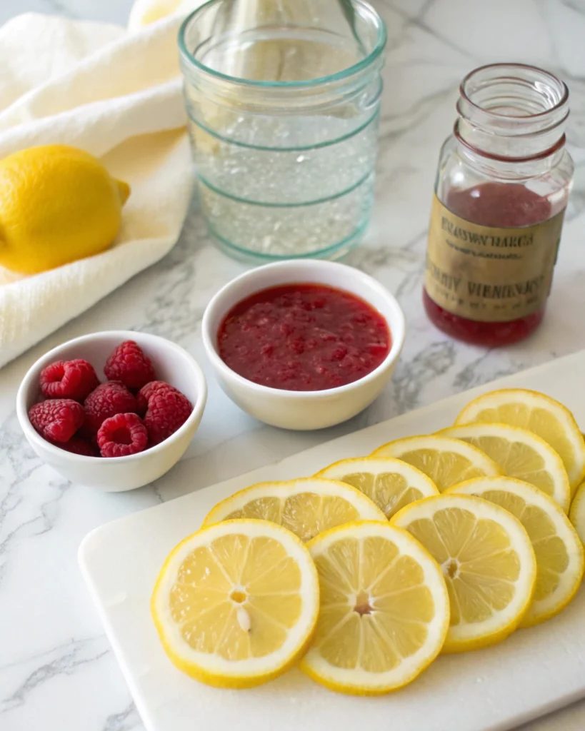 Ingredients for making pink lemonade on white surface