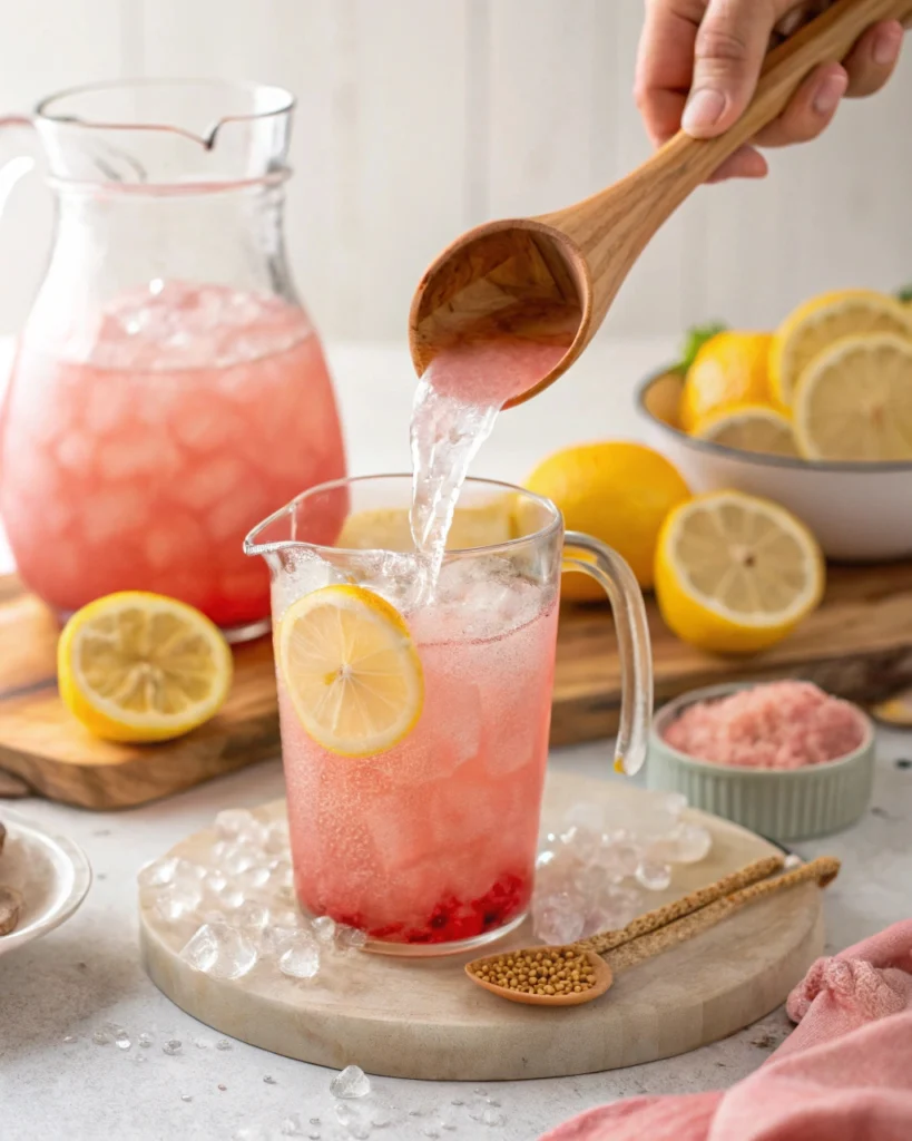 Pouring and mixing pink lemonade in pitcher over ice