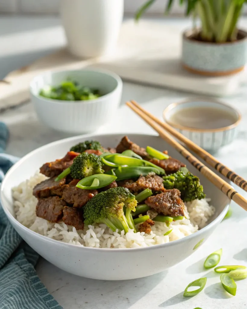 Beef and broccoli stir fry served over white rice in a white bowl with chopsticks