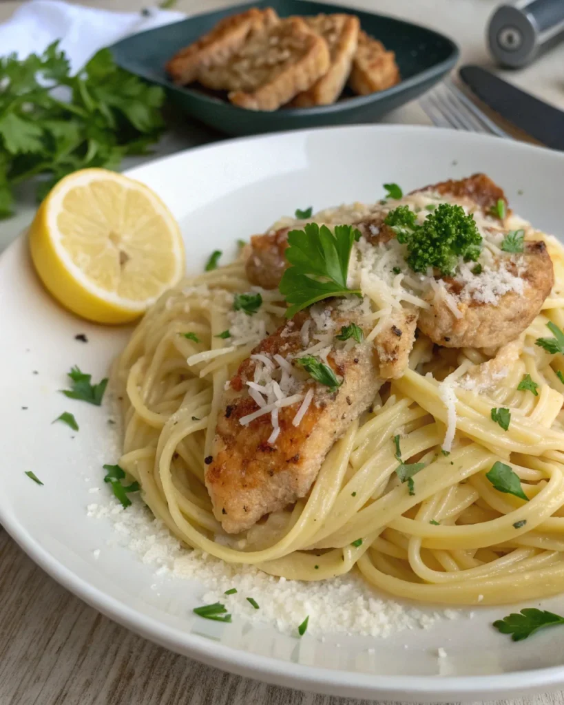 Garlic Parmesan Chicken Pasta 4 Plated garlic parmesan chicken pasta with garnish