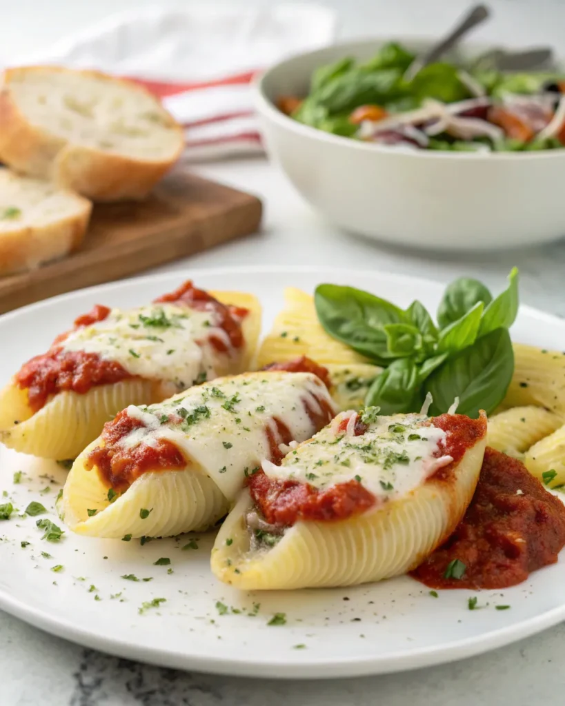 Bright plate of baked stuffed shells with garlic bread