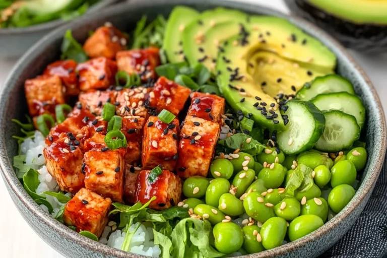poke salad with tofu, avocado, and sesame seeds