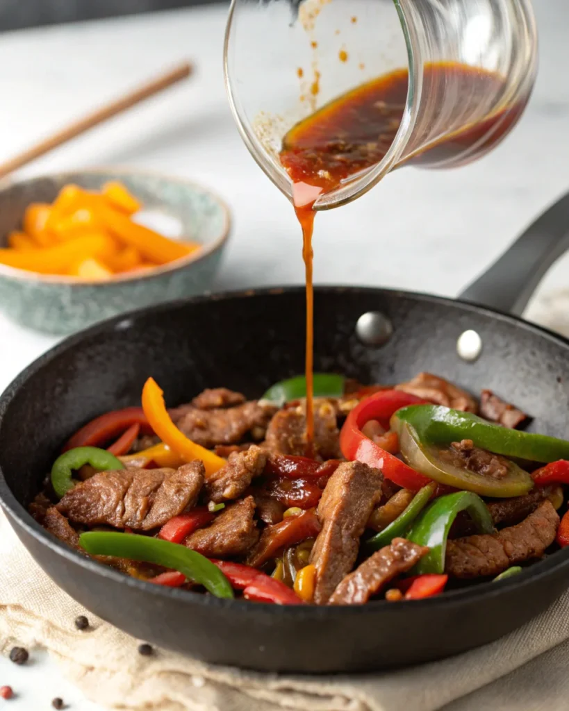 Pepper steak sauce poured into hot wok with beef and peppers