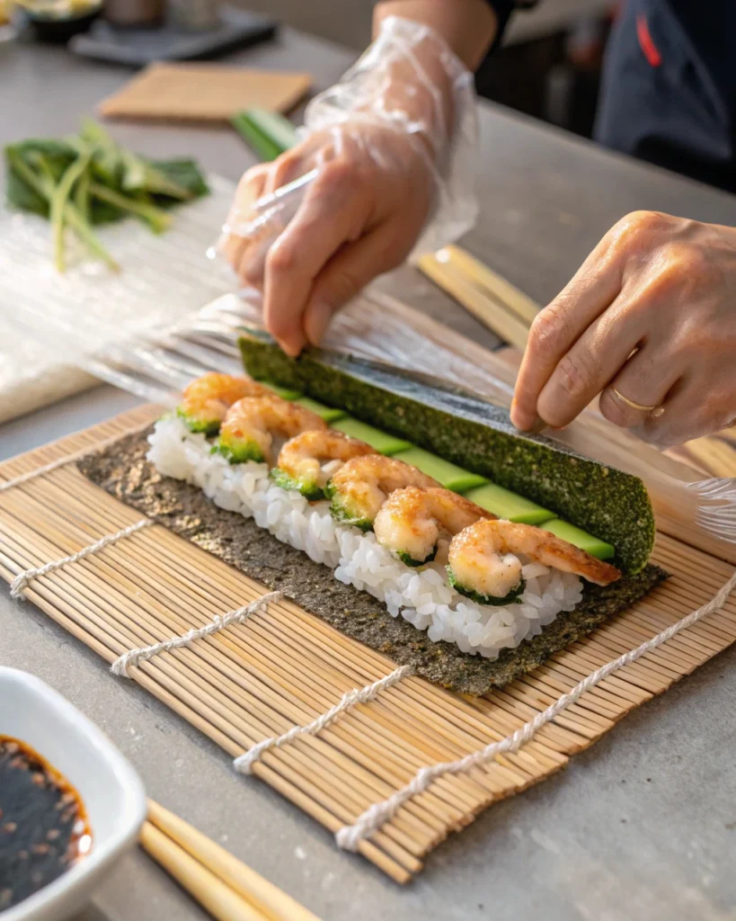 Assembling shrimp tempura roll with nori and rice