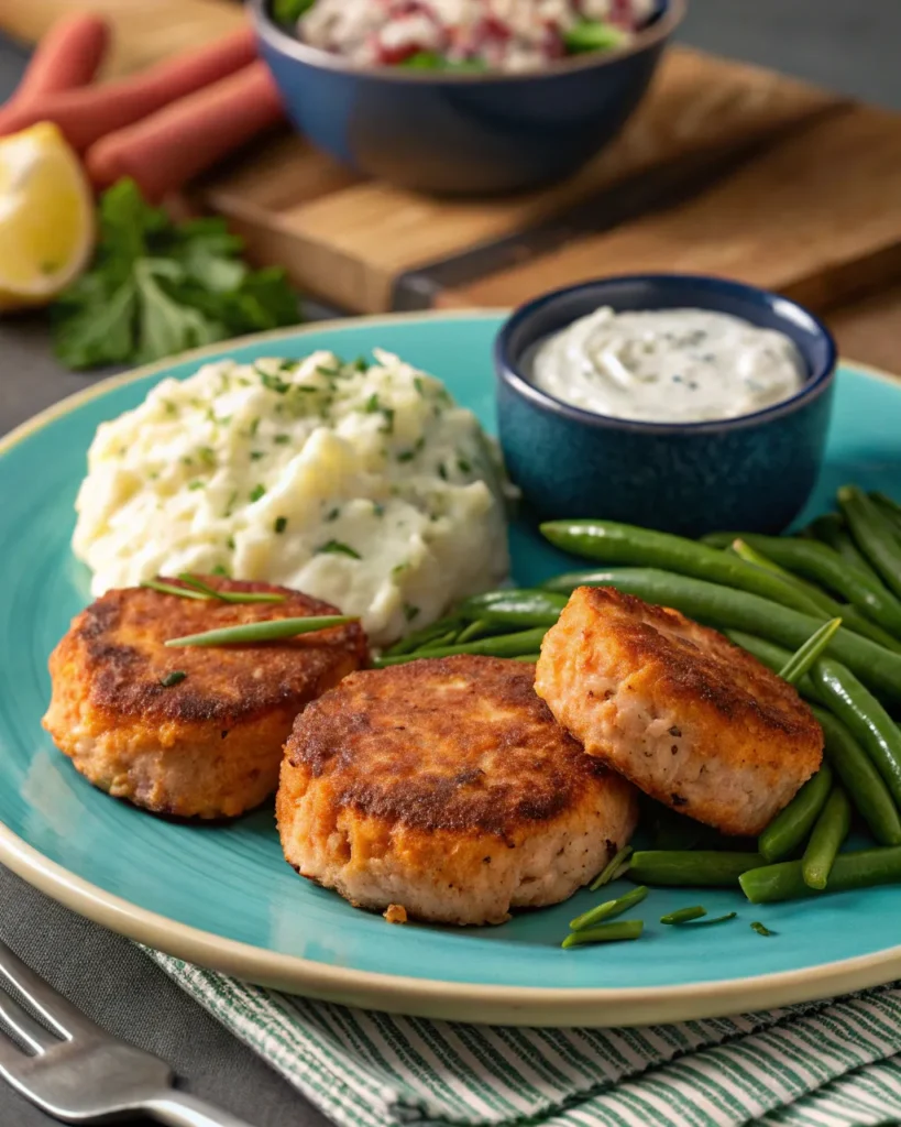Southern dinner plate with salmon patties and classic sides