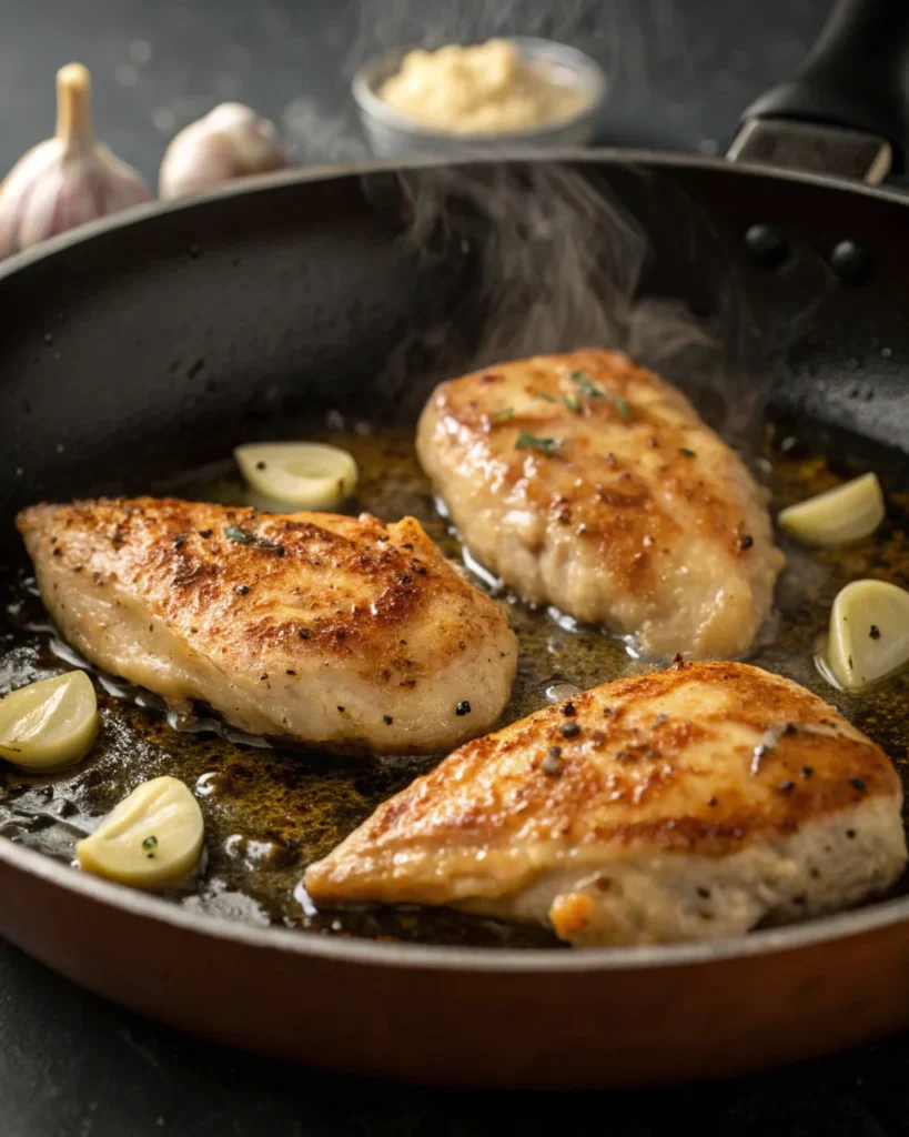 Garlic Parmesan Chicken Pasta 2 Chicken cooking in garlic butter for pasta