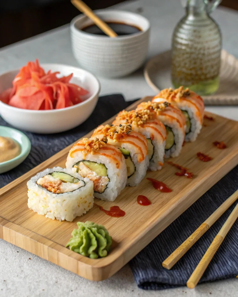 Served shrimp tempura sushi roll with spicy mayo