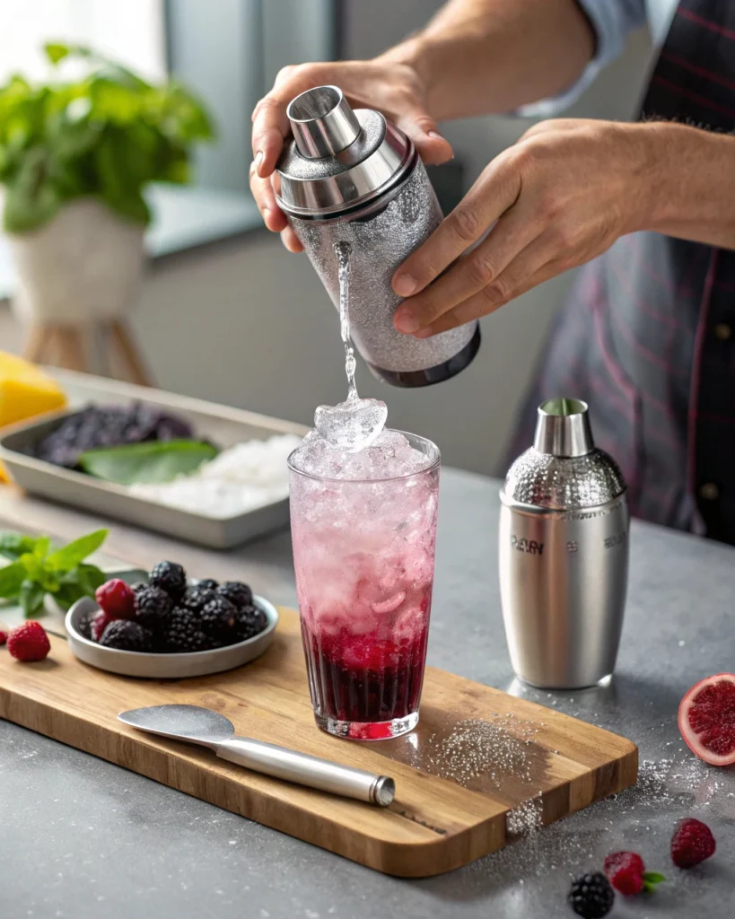 shaking blackberry sage lemonade in a cocktail shaker
