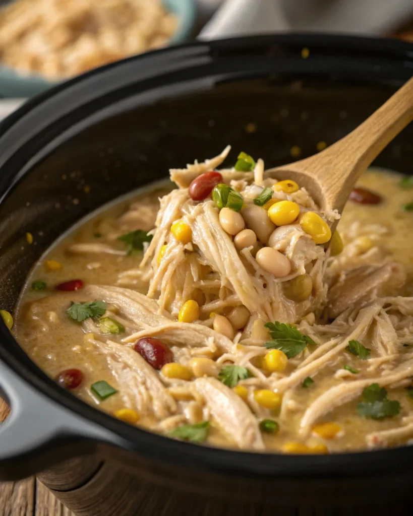 Shredded chicken being stirred into crockpot white chicken chili
