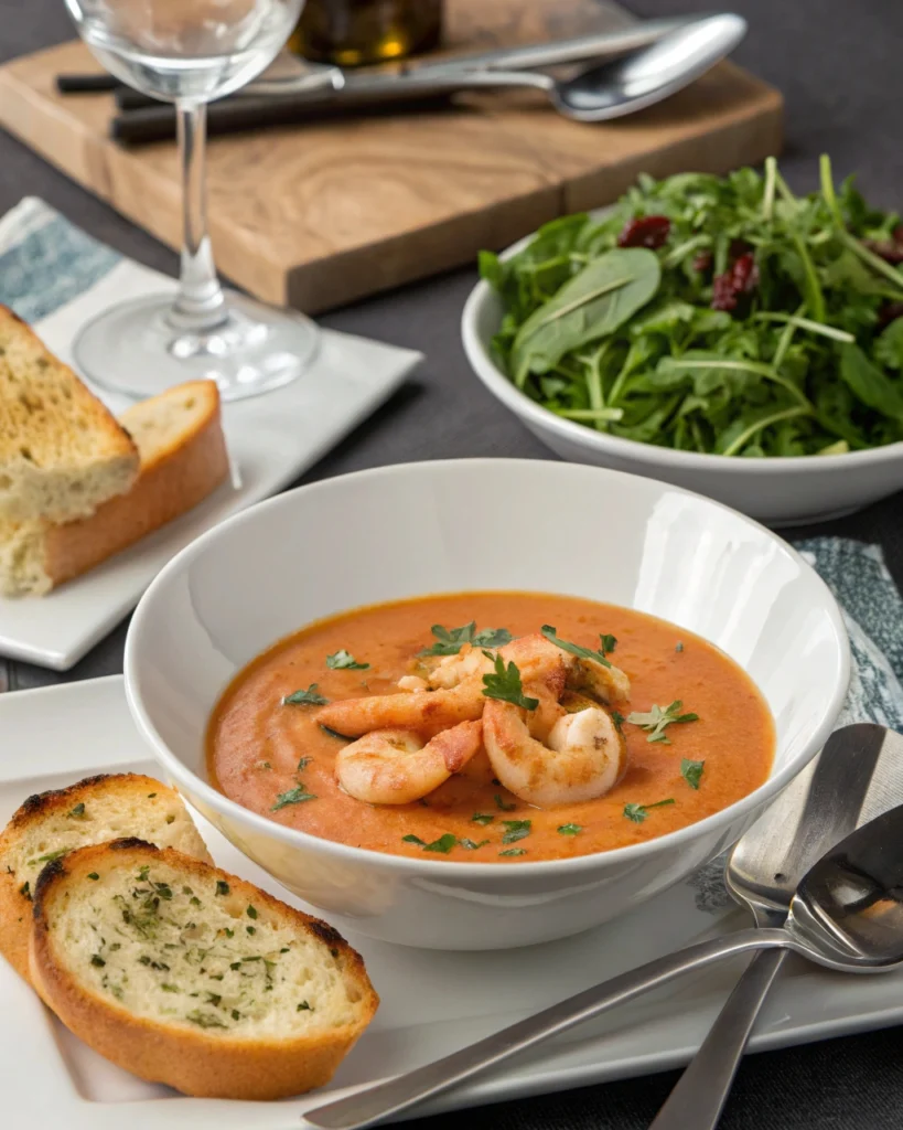 shrimp bisque with bread and salad on the side