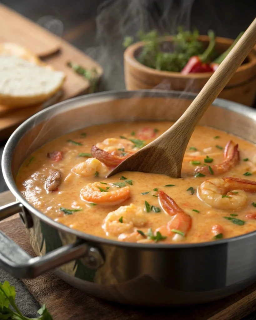 shrimp bisque cooking in pot with steam