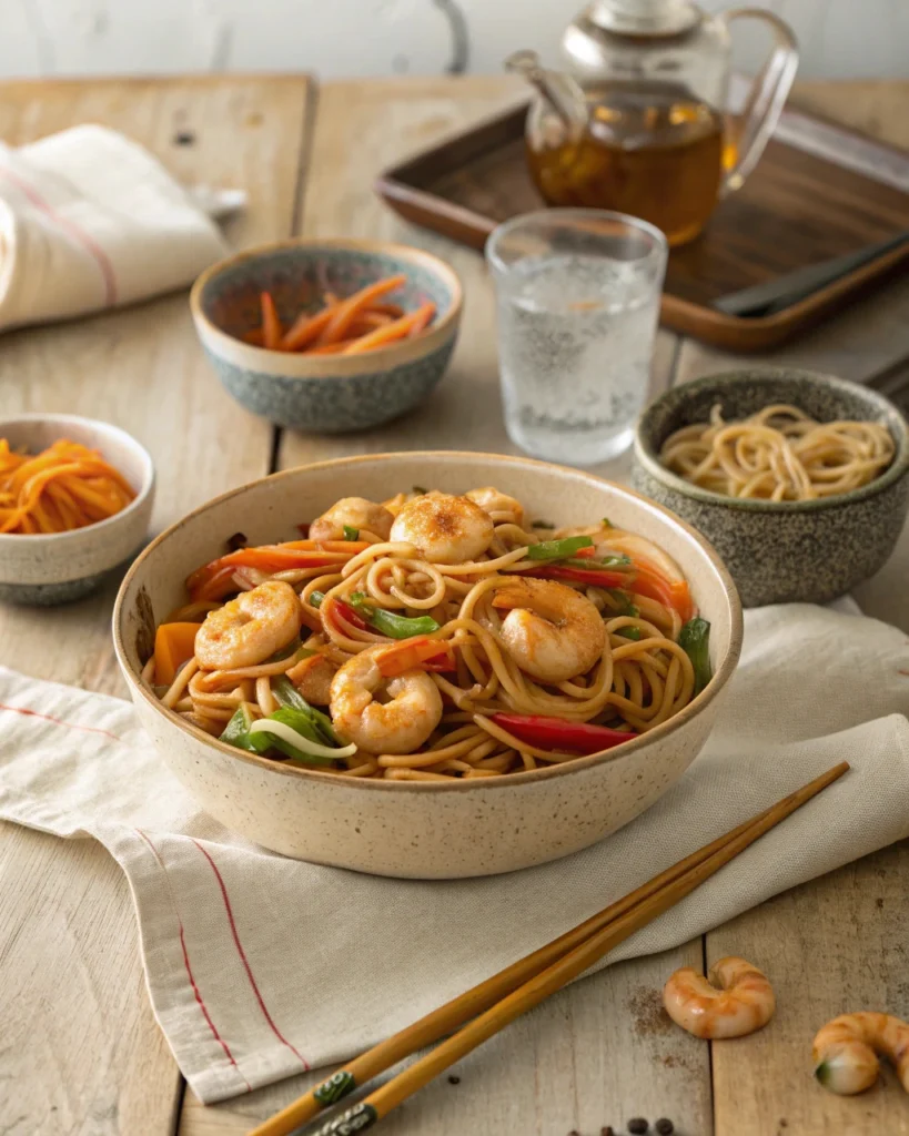 Homemade shrimp lo mein served family-style on a wooden dinner table.