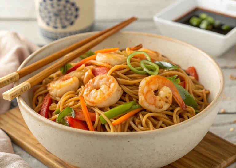 A bowl of shrimp lo mein with noodles, shrimp, and vegetables served with chopsticks.