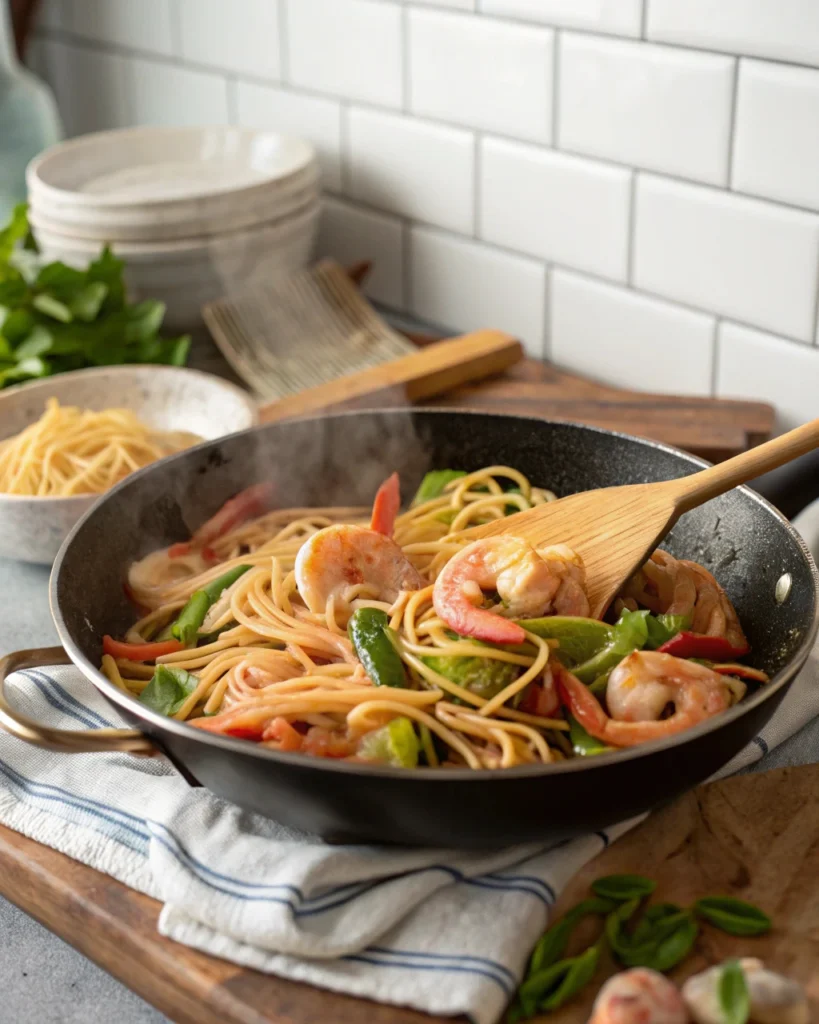 Shrimp lo mein being stir-fried in a home kitchen with noodles and vegetables