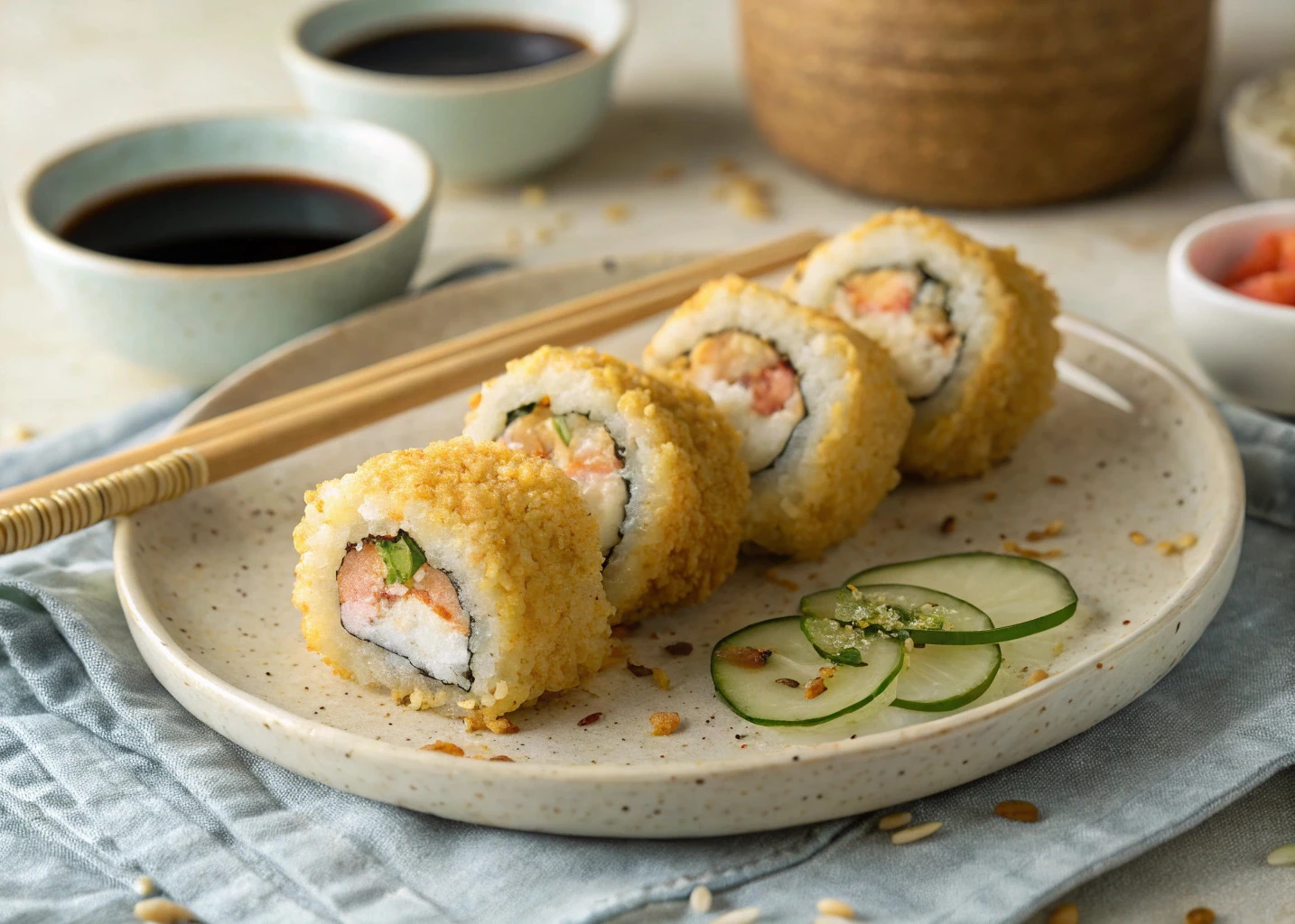 Homemade shrimp tempura rolls with soy sauce