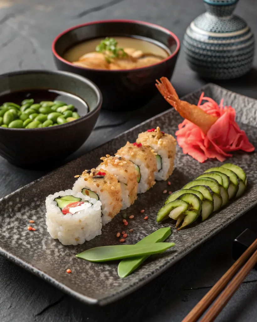 Shrimp tempura roll 5 shrimp tempura roll served with miso soup and edamame