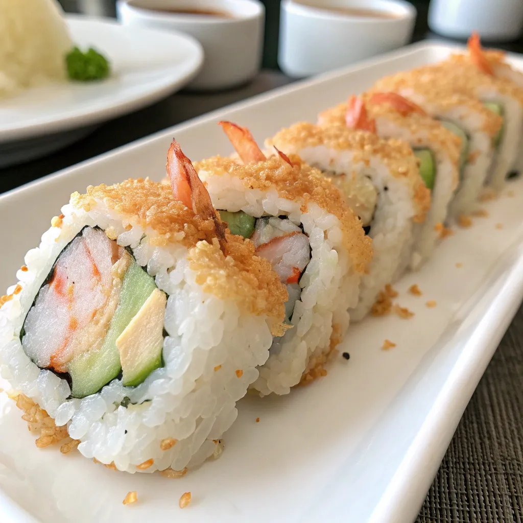 Shrimp tempura roll 6 shrimp tempura roll with spicy mayo, masago, and sushi sides