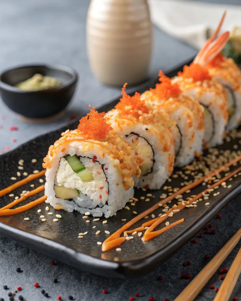 Shrimp tempura roll 3 shrimp tempura sushi roll with masago and spicy mayo