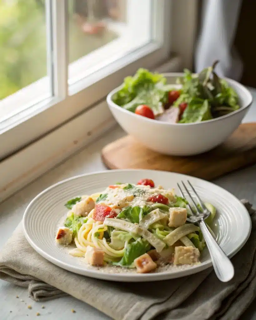 A plain serving of Caesar pasta salad on a plate